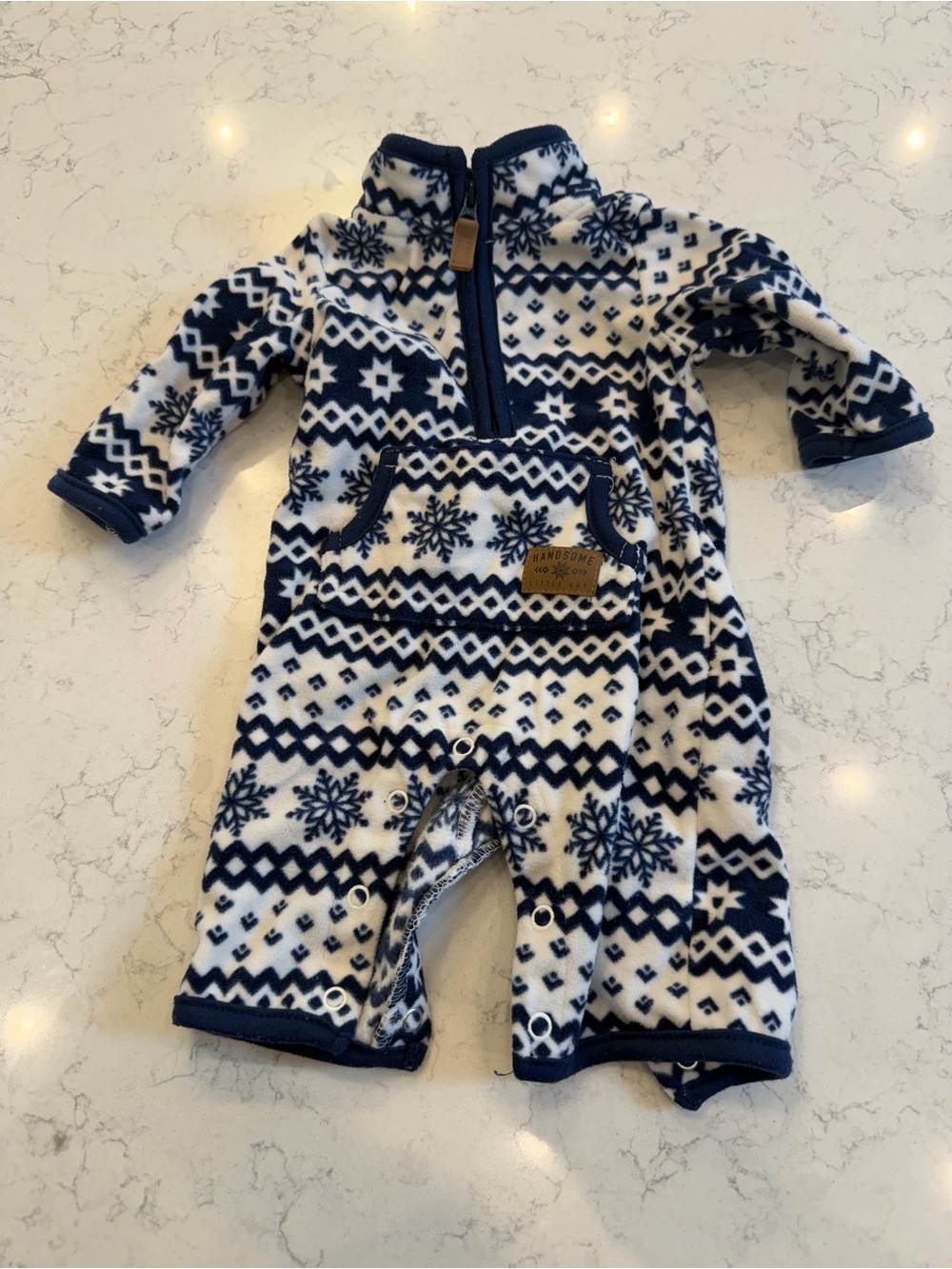 Baby Fleece One-Piece Zip Romper - Navy & White Snowflake